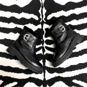 Zara Leather Moto Biker Boots Faux Fur Lining Platform Lug Soles Size 37
